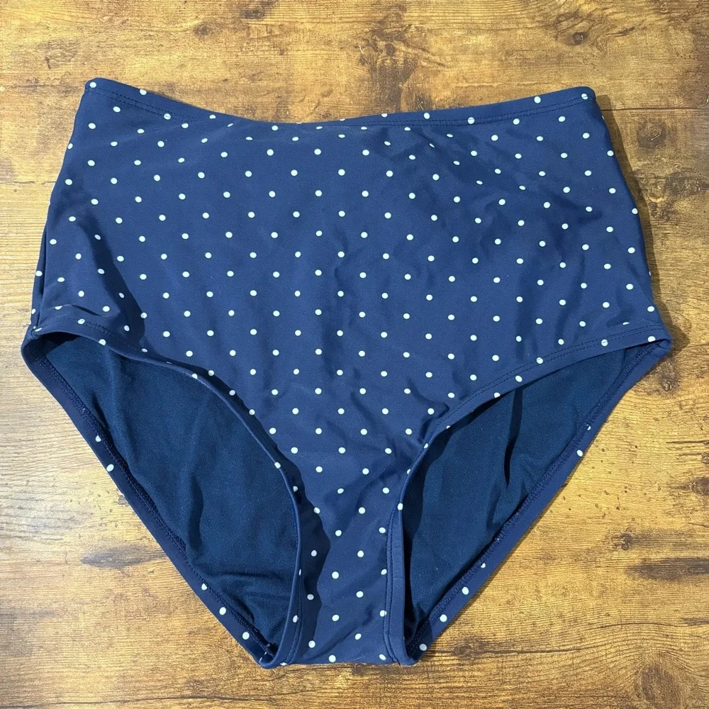 Unique Vintage Swim Navy Polka Dot with Back Bow High Waist Swim Bottoms Medium